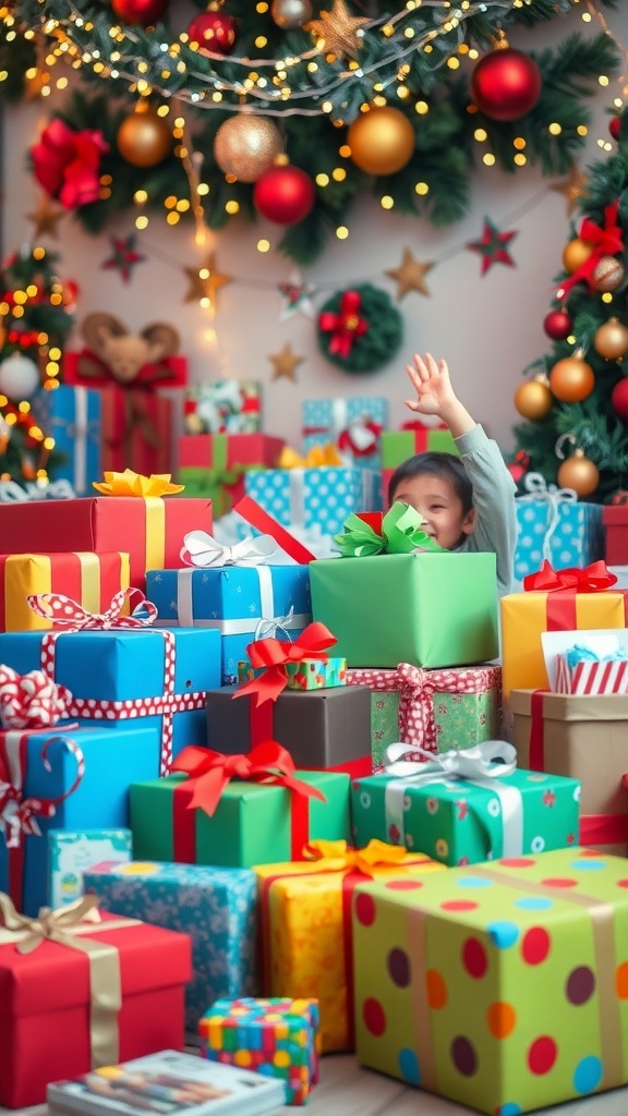 A vibrant display of Christmas gifts for kids, including toys and books, surrounded by holiday decorations.